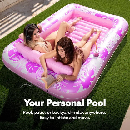 Inflatable Tanning Pool Float Lounge – Extra Large 4-in-1 Sunbathing Raft with Pillow. Cup Holder & Cooling Water Base