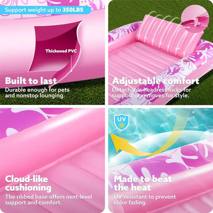 Inflatable Tanning Pool Float Lounge – Extra Large 4-in-1 Sunbathing Raft with Pillow. Cup Holder & Cooling Water Base