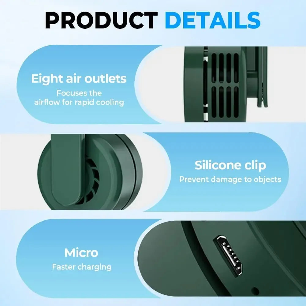 Mini Clip on Fan for Shirt & Waist, Portable Small Whirlwind Bladeless Fan, Small but Powerful, 3-Speed Silent Personal Mini Rechargeable Cooling Fans