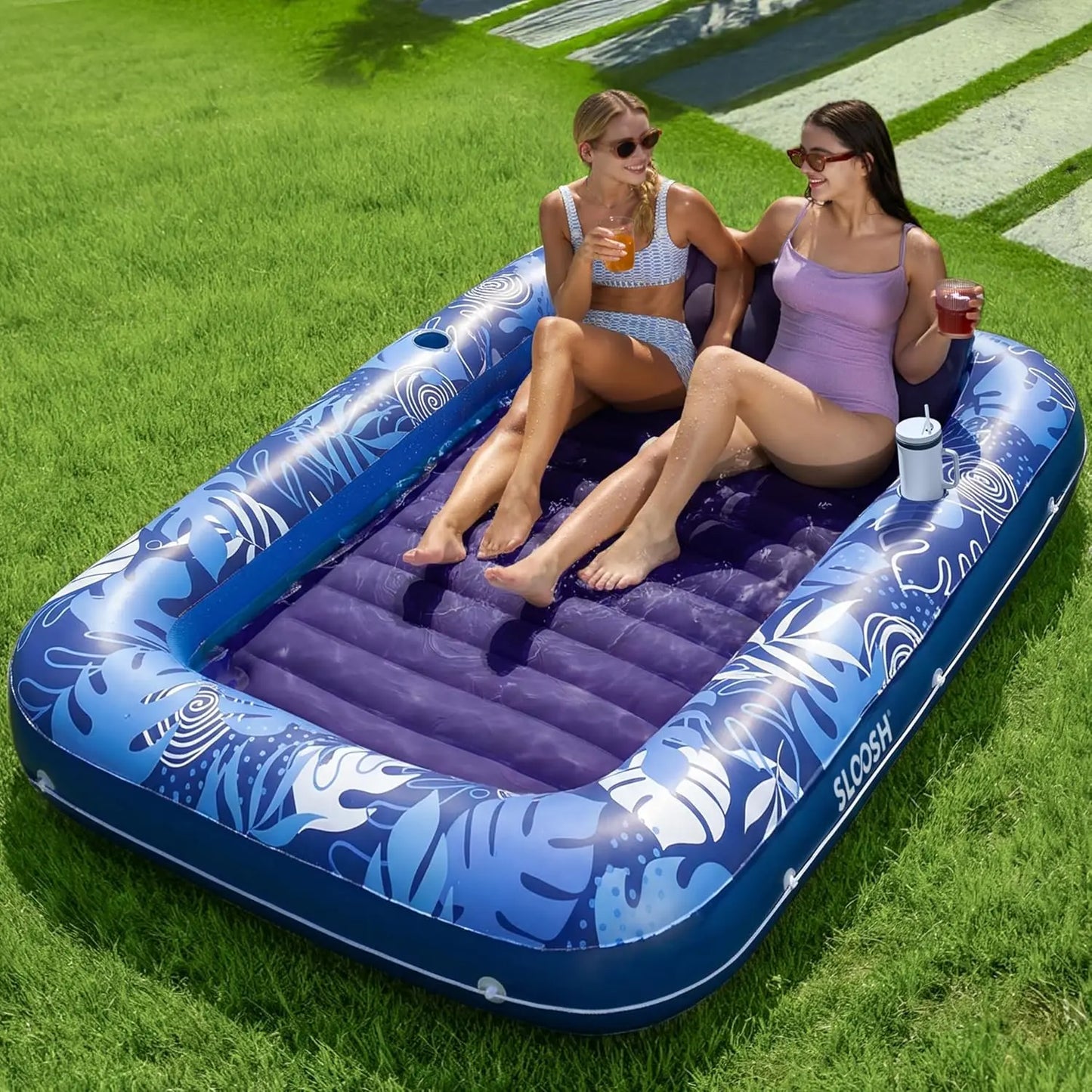 Inflatable Tanning Pool Float Lounge – Extra Large 4-in-1 Sunbathing Raft with Pillow. Cup Holder & Cooling Water Base
