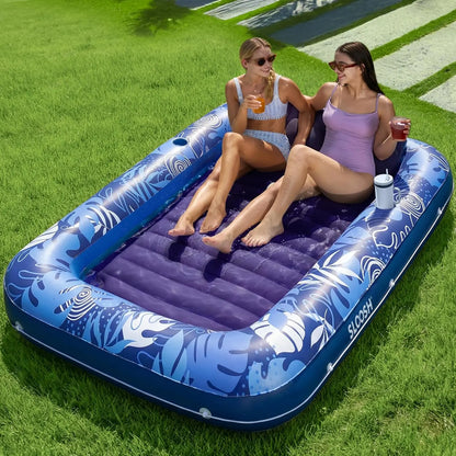 Inflatable Tanning Pool Float Lounge – Extra Large 4-in-1 Sunbathing Raft with Pillow. Cup Holder & Cooling Water Base