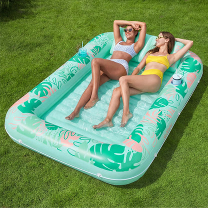 Inflatable Tanning Pool Float Lounge – Extra Large 4-in-1 Sunbathing Raft with Pillow. Cup Holder & Cooling Water Base