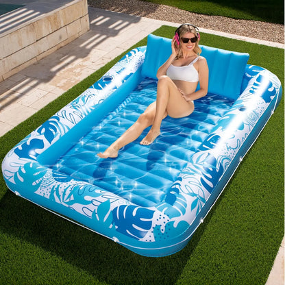 Inflatable Tanning Pool Float Lounge – Extra Large 4-in-1 Sunbathing Raft with Pillow. Cup Holder & Cooling Water Base