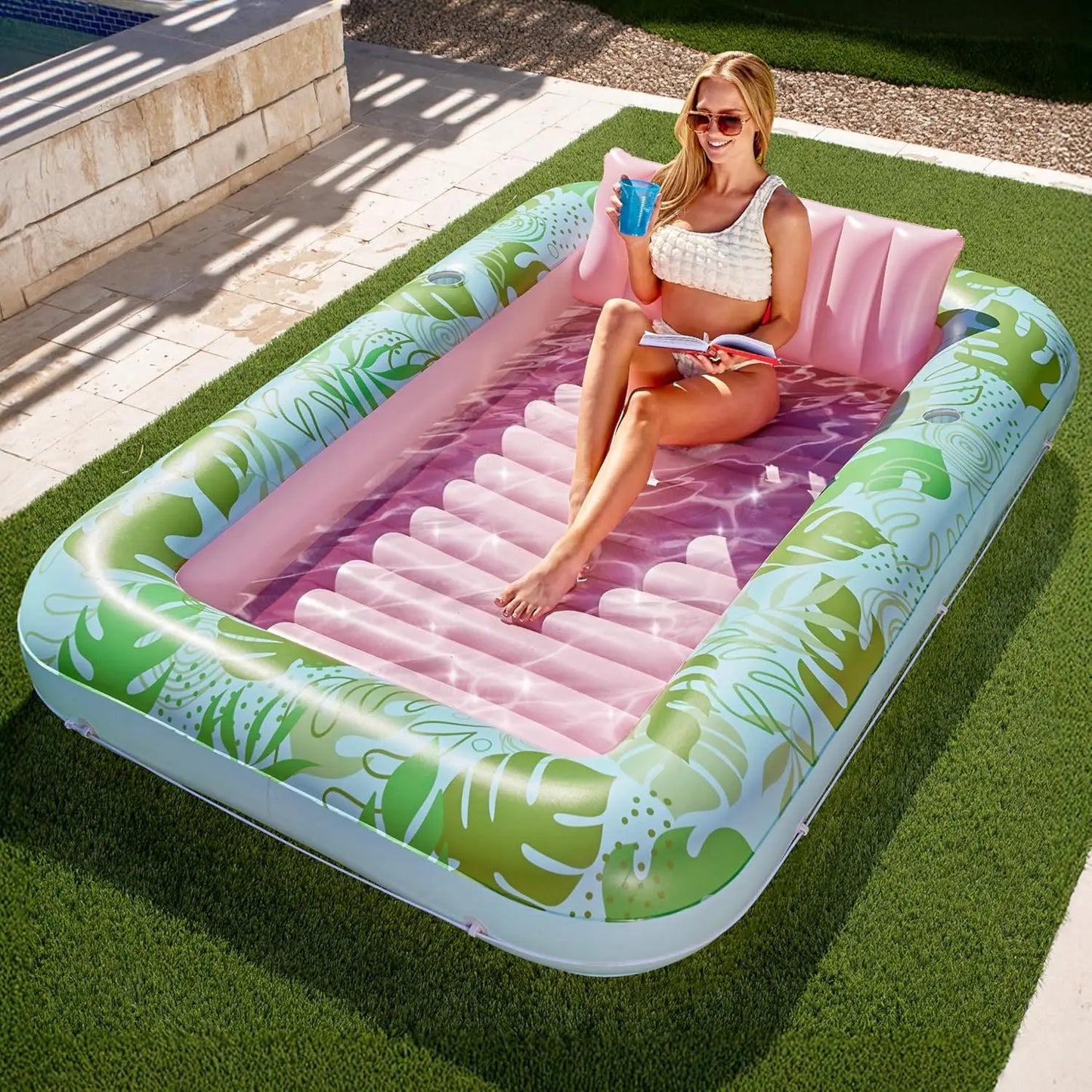 Inflatable Tanning Pool Float Lounge – Extra Large 4-in-1 Sunbathing Raft with Pillow. Cup Holder & Cooling Water Base