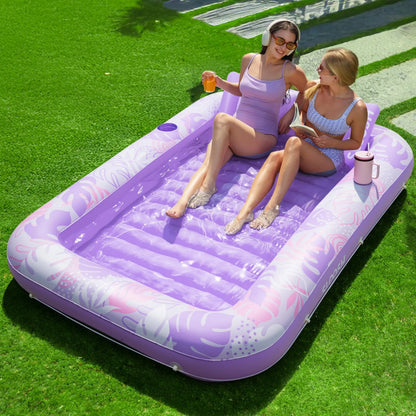 Inflatable Tanning Pool Float Lounge – Extra Large 4-in-1 Sunbathing Raft with Pillow. Cup Holder & Cooling Water Base