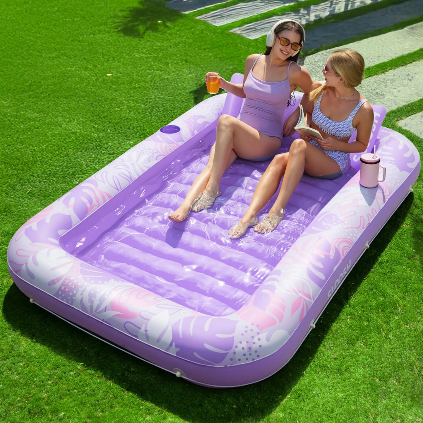 Inflatable Tanning Pool Float Lounge – Extra Large 4-in-1 Sunbathing Raft with Pillow. Cup Holder & Cooling Water Base